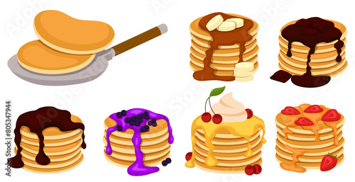Set of four pancakes with different toppings. Stacks of tasty pancakes with maple syrup, butter, chocolate syrup, fruits and jam. Hotcake morning cuisine.