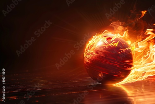 Burning bowling ball  with bright flame flying on black background photo