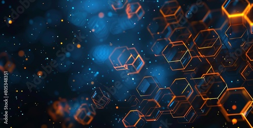 This abstract image showcases a stunning array of glowing orange and blue hexagons floating in a digital space, resembling a futuristic landscape photo