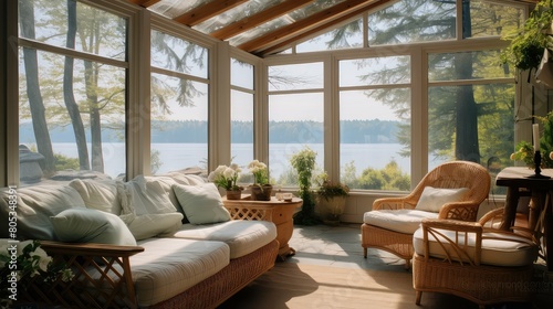 sunroom blurred lake house interior