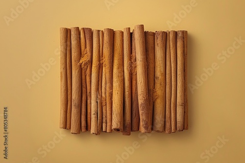 Fototapeta Naklejka Na Ścianę i Meble -  Aligned cinnamon sticks on beige background. Minimalist food photography. Natural spices concept. Design for culinary magazine, spice packaging, educational material