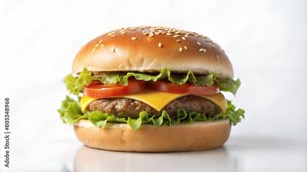 Isolated juicy hamburger on a light background. Appetizing cheeseburger with juicy beef patty, melted cheddar, crisp lettuce, tomato slices and sesame bun. Isolated juicy hamburger on a light background. Appetizing cheeseburger with juicy beef patty, melted cheddar, crisp lettuce, tomato slices and sesame bun.