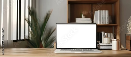 Modern Simplicity: White-Screen Laptop Computer Mockup on Wooden Desk in Scandinavian-inspired Room © Solo Leveling