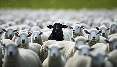 A black sheep stands out in a flock of white sheep