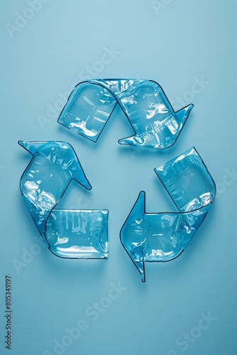 Creative plastic bottles shaped into a recycling symbol against a soft blue background captured close-up for a minimalist