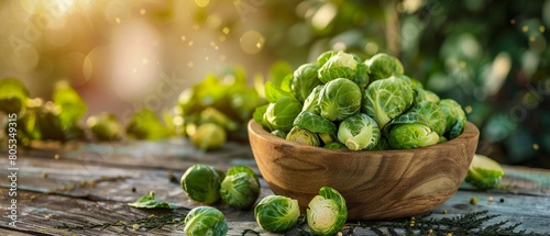 Fresh Brussels sprouts in wooden bowl rustic table photo