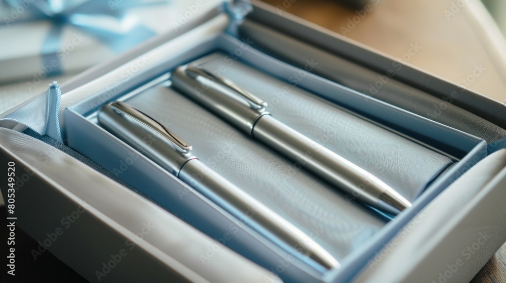 Two gift metal pens in a chic, opened case made of paper or soft plastic. Present box packaging. Silver and blue colored pencils Two gift metal pens in a chic, opened case made of paper or soft plastic. Present box packaging. Silver and blue colored pencils