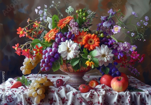 A colorful and detailed still life painting of a bouquet featuring flowers  fruits  and a patterned cloth