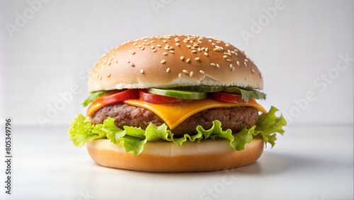 Isolated juicy hamburger on a light background. Appetizing cheeseburger with juicy beef patty, melted cheddar, crisp lettuce, tomato slices and sesame bun.