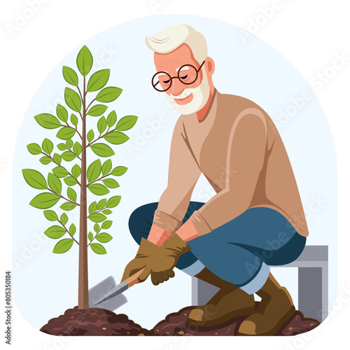 Elderly man planting a young fruit tree in the ground. Concept of work in the garden and vegetable garden, landscape design, agricultural culture, growing fruit trees on the plot. Spring-autumn. 