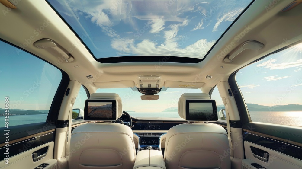 The car has a panoramic glass sun roof. Clear glass and an interior to sky view