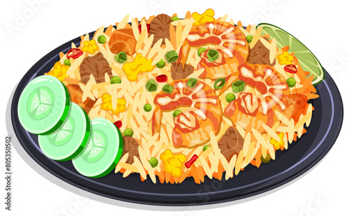 Khao Pad Fried Rice with Protein & Veggies - Authentic Thai Dish Vector Illustration