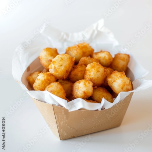Paper container brimming with tater tots sits atop wooden table
