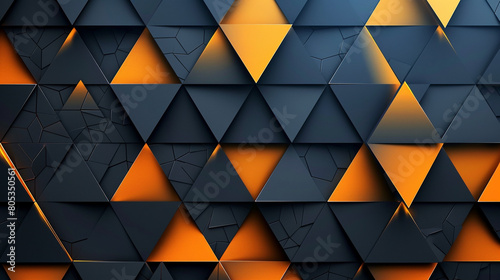Dark background, orange and yellow color blocks, simple geometric shapes of triangles. 