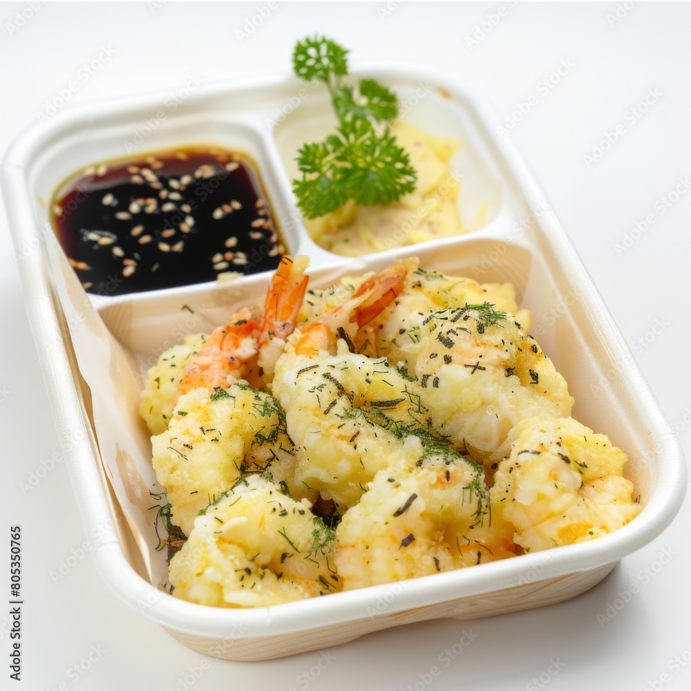 A tray featuring sumptuous shrimp, fluffy rice, and flavorful sauce A tray featuring sumptuous shrimp, fluffy rice, and flavorful sauce
