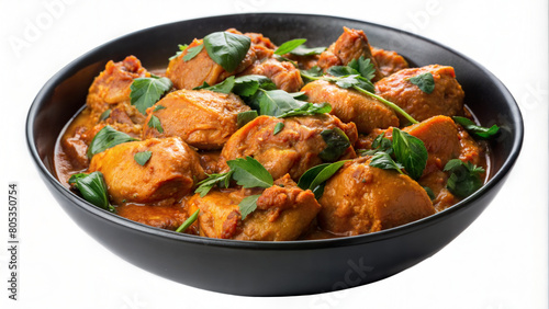 Delicious chicken curry served in a black bowl, garnished with fresh herbs. This aromatic, spicy dish features tender chicken pieces in a rich tomato-based sauce, perfect for lunch or dinner