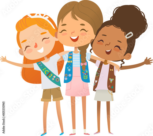 Happy multi ethnic multi aged girls scout hug. Girls Scout happily hug and smile. Junior, Daisy, Brownie ligue. Girls together. Junior Girls Scout Uniform © FoxyImage