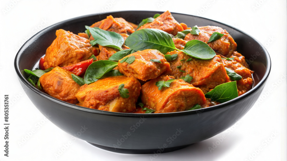 Delicious chicken curry served in a black bowl, garnished with fresh herbs. This aromatic, spicy dish features tender chicken pieces in a rich tomato-based sauce, perfect for lunch or dinner Delicious chicken curry served in a black bowl, garnished with fresh herbs. This aromatic, spicy dish features tender chicken pieces in a rich tomato-based sauce, perfect for lunch or dinner