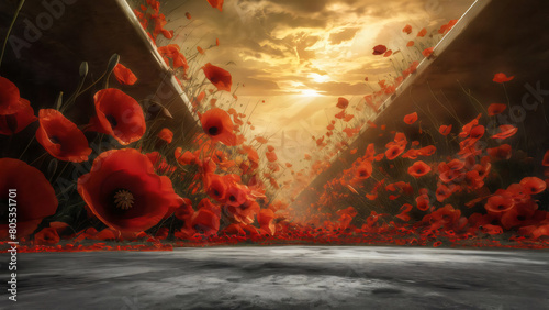 Poppy flowers field illuminated by sunlight on the background with copy space area for Memorial Day, Anzac Day, Remembrance Day etc.