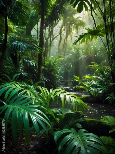 Jungle Enchantment  Step into a World of Wonder with Lush Wet Green Foliage Surrounding You in a Tropical Jungle  where Every Leaf Dances with Life and Renewal.