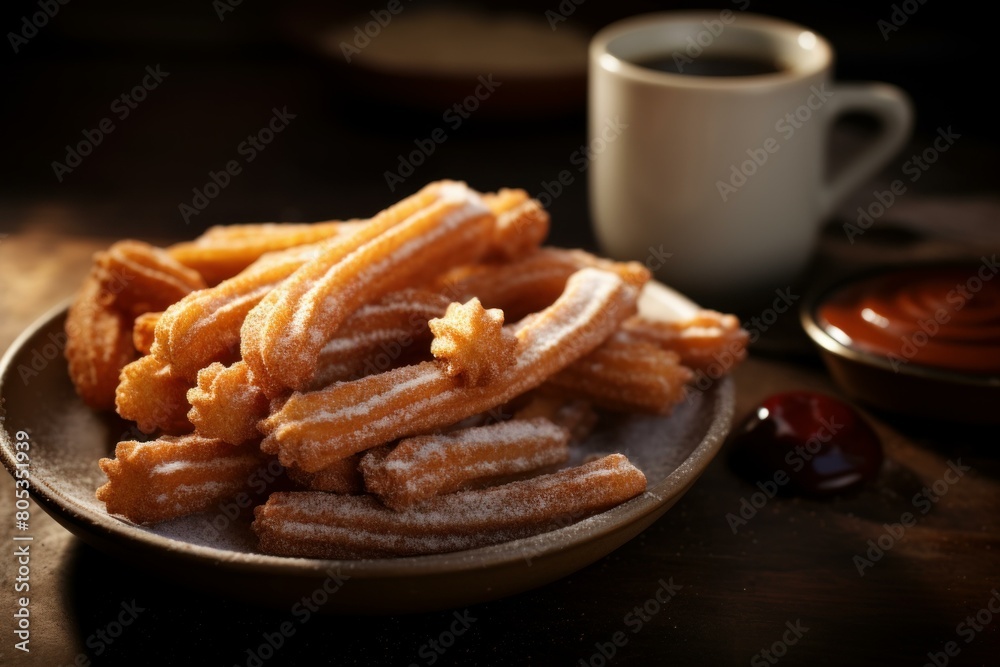 Aromatic Spanish churros sugar. Snack cooking. Generate Ai