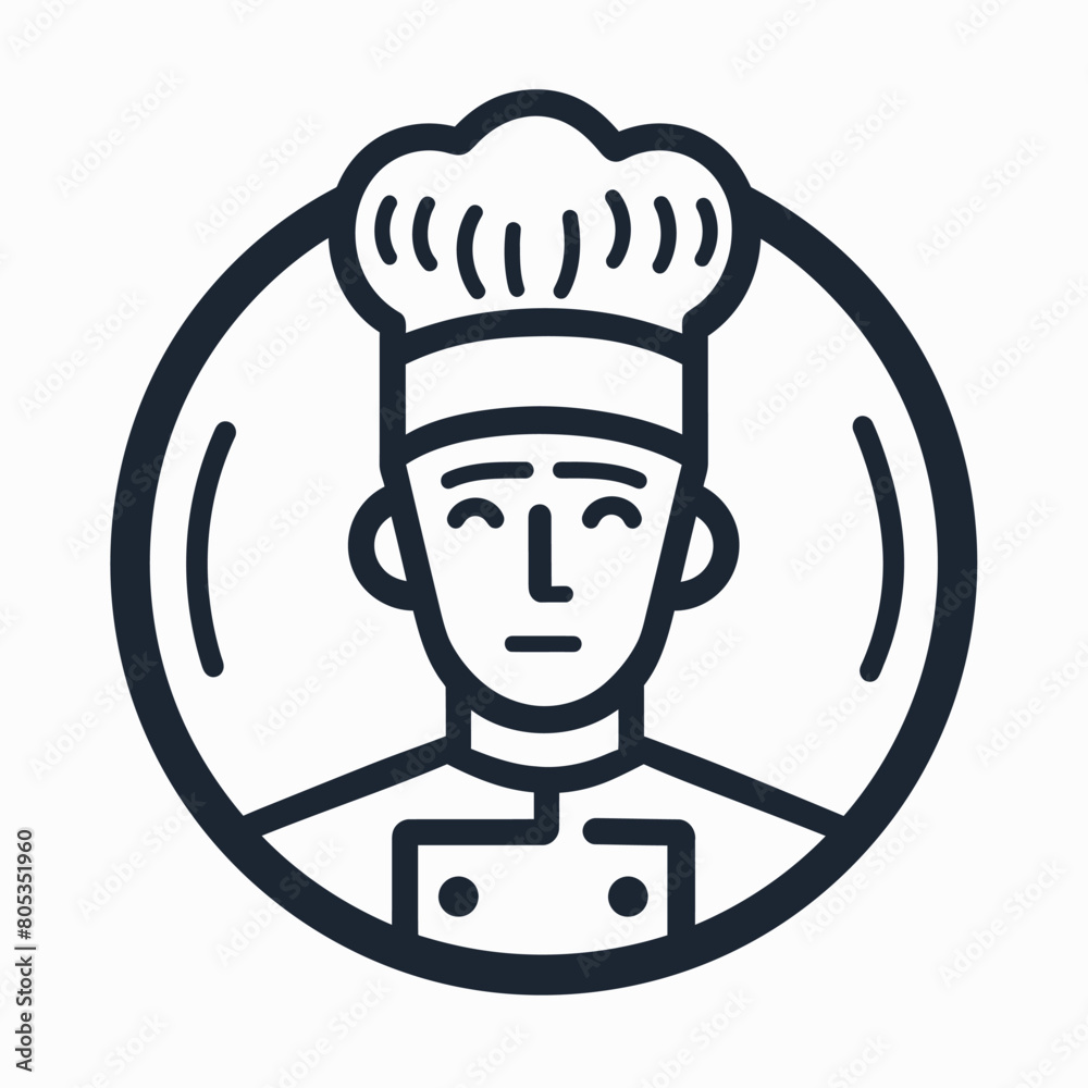Obraz premium Chef icon UI design black round frame flat linear vector icon whte background