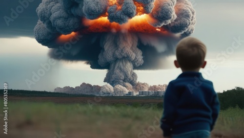 Little boy looking an enormous nuclear explosive mushroom cloud in the sky. Nuclear war. disaster alone