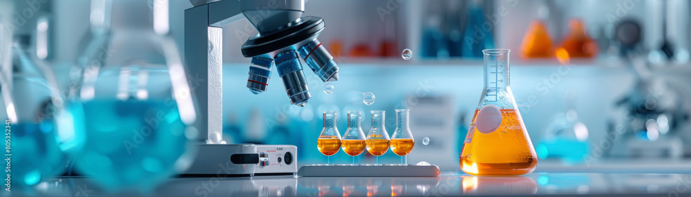 A lab with a microscope and various beakers and test tubes A lab with a microscope and various beakers and test tubes