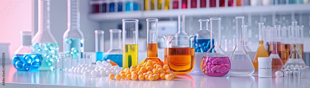 A table with many different colored bottles and beakers A table with many different colored bottles and beakers