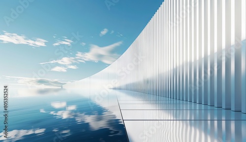 A high contrast photo showcasing modern white architecture with a reflection over a smooth water surface