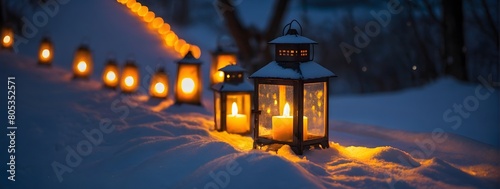 Lanterns in Snow, Glowing candles light up the wintry roadside. photo