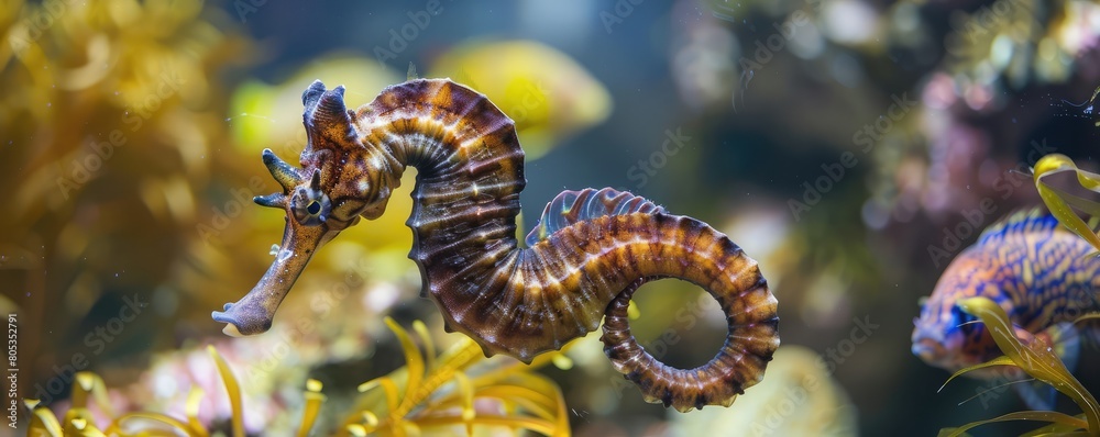 detailed brown seahorse against a blurred aquatic backdrop, highlighting marine life. detailed brown seahorse against a blurred aquatic backdrop, highlighting marine life.
