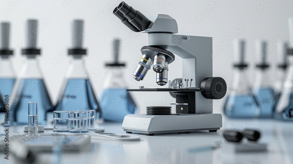 A microscope is on a table with several beakers and test tubes A microscope is on a table with several beakers and test tubes