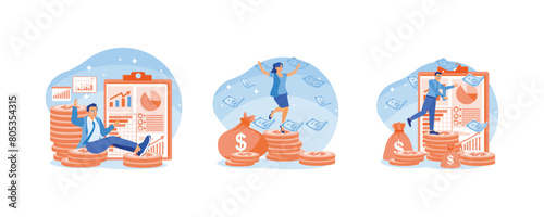 Financial growth ideas. A woman is standing on a pile of coins. Get a monthly salary from the office. Active income concept. Set flat vector illustration.