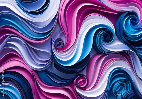 This captivating image features a sea of intertwining ribbons in shades of blue, magenta, and white, forming a wavy, dynamic pattern