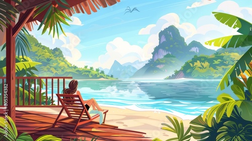 A girl rests on her wooden porch on a beach with sand. Modern cartoon illustration of an idyllic summer tropical landscape with palm trees, mountains in water, and the girl in her chair on the photo
