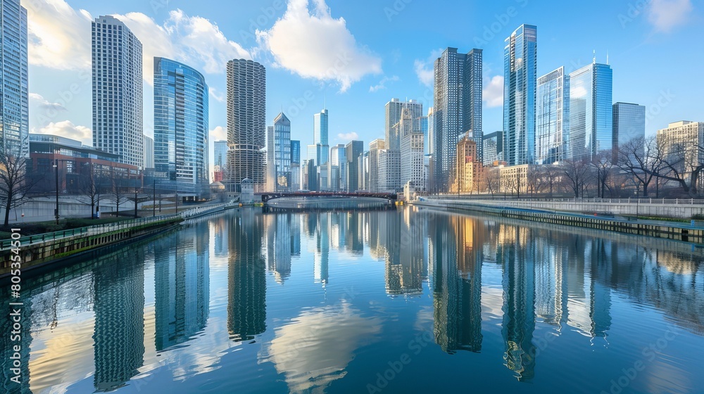 The modern city skyline, with its towering skyscrapers, is perfectly mirrored in the still waters of the river