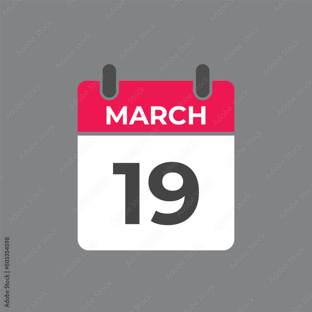 Fototapeta premium March 19 calendar reminder. 19 March daily calendar icon template. Calendar 19 March icon Design template. Vector illustration 