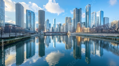 The modern city skyline, with its towering skyscrapers, is perfectly mirrored in the still waters of the river