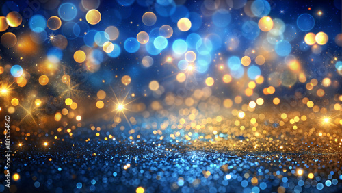 A mesmerizing display of sparkling lights and bokeh effects, illuminating a dark backdrop with hues of blue and gold glitters. New Year's Eve.
