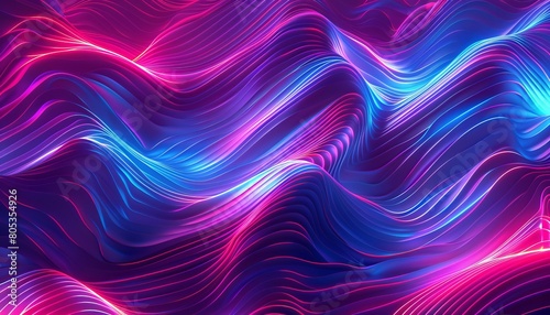 A powerful representation of dynamic  flowing waves in neon pink and blue hues that capture a sense of rhythm and movement