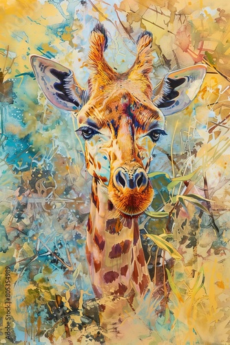 A stunning watercolor portrait of a giraffe s head surrounded by abstract colors and patterns