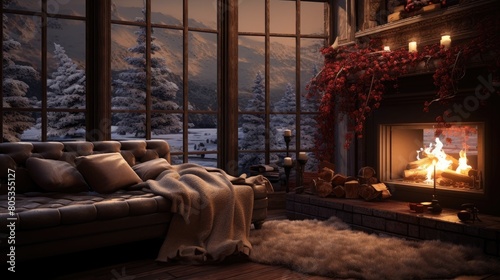 Fireside Bliss  Inside a Rustic Wooden Cabin  Enjoying Snowy Forest Views through the Window
