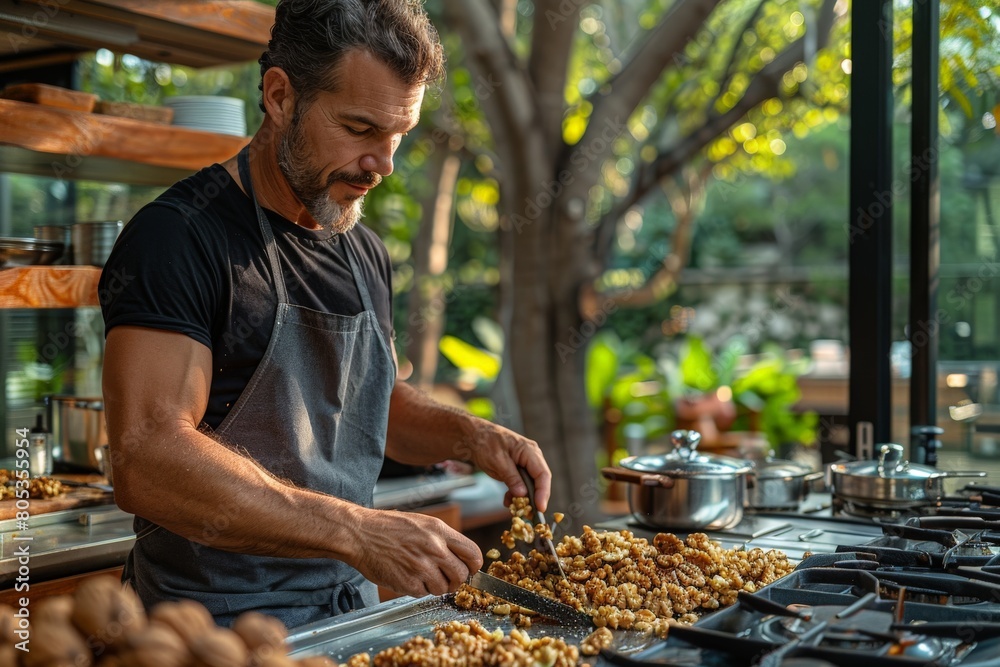 Professional chef preparing walnut treats in a well-equipped sunlit kitchen with a focus on his hands Professional chef preparing walnut treats in a well-equipped sunlit kitchen with a focus on his hands