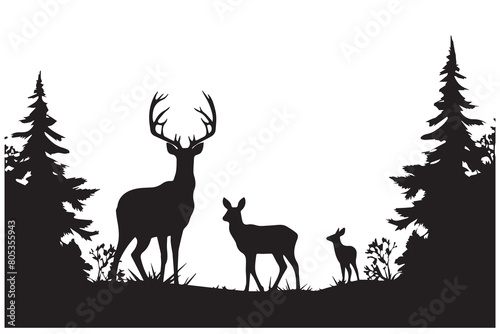 Black silhouette Vector forest and sum deer and bird white background