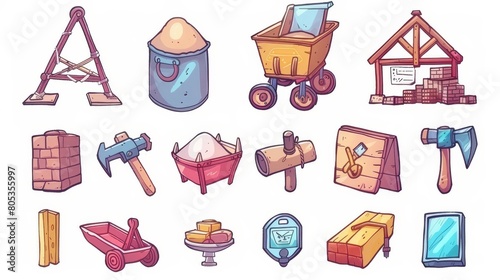 Building and construction doodle icons. Hammer, paint bucket, concrete mixer, roller, meter, paintbrush, and saw moderns. photo