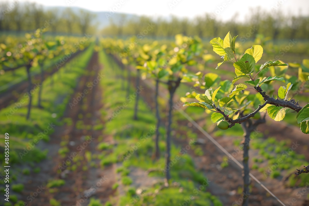 An orchard in spring, with young leaves bursting forth in vibrant greens, the rows of trees leading the eye towards a distant, softly lit horizon, capturing the promise of renewal and growth.