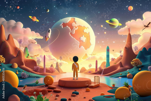 Delight in the playful charm of a space-themed children's illustration, showcasing colorful planets and stars designed to inspire young minds in astronomy and science. photo