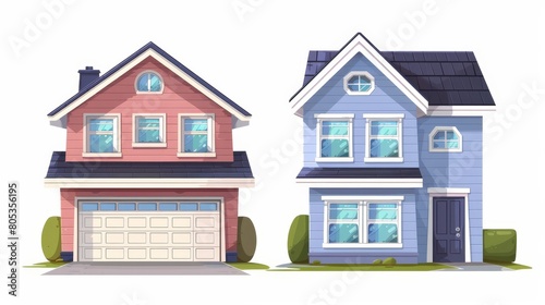 Houses in the suburbs, suburban cottages with garages, neighborhood real estate properties with garages. Modern illustration of cartoon house facades isolated on white.