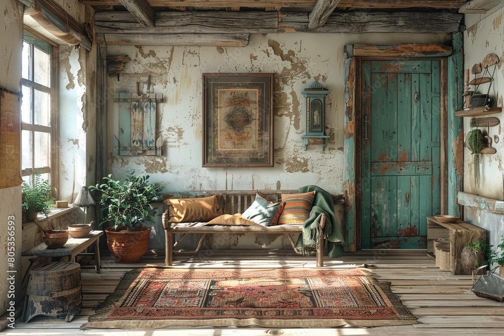 Obraz premium An inviting rustic interior of a living room with vintage furniture, plants, and a welcoming feel, perfect for a cozy lifestyle